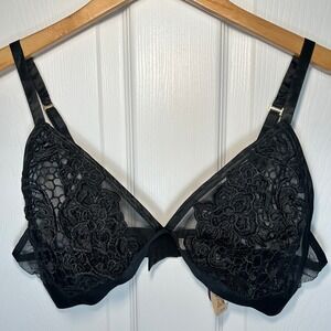 NWT Cacique Seriously Sexy Black Lace Sheer Plunge Bra Size 20 Wire-Free Unlined